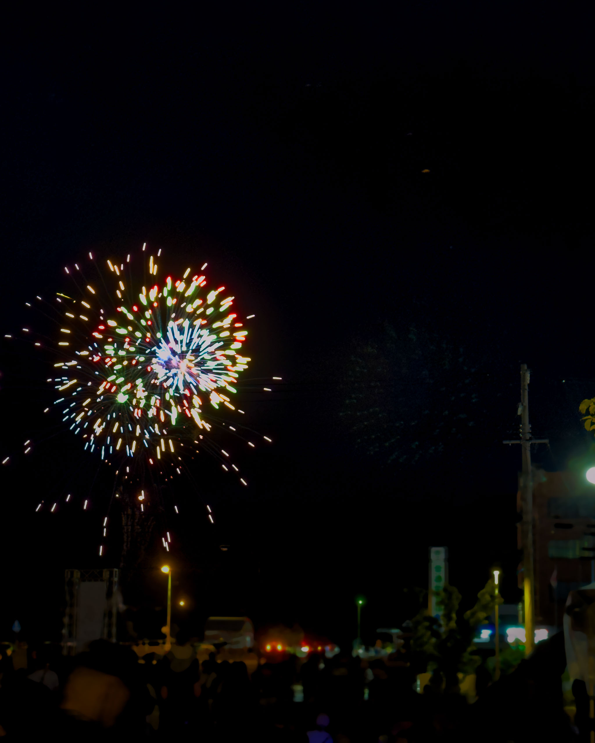 夜空に開いた花火と会場の明かり