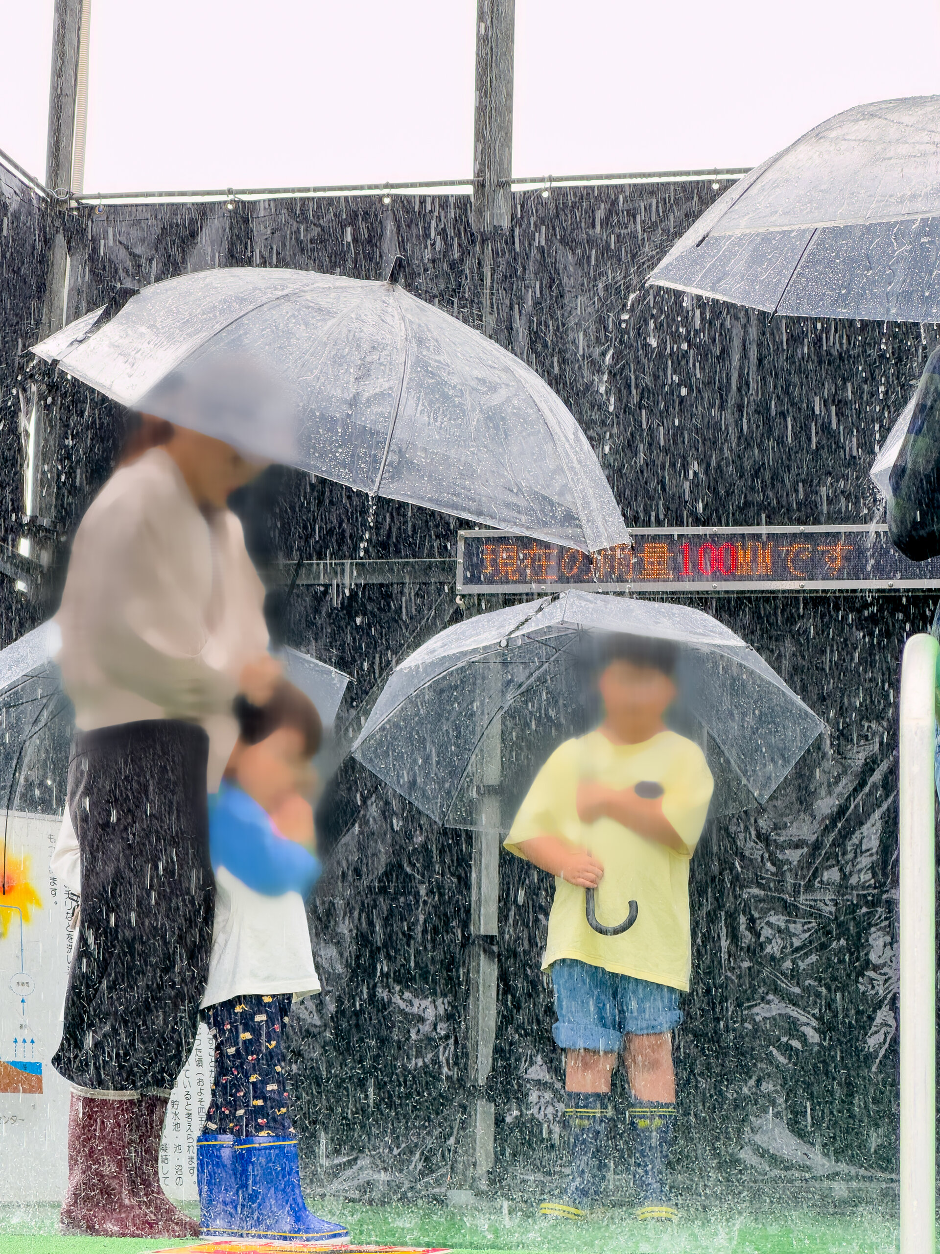 傘をさして降雨体験をする親子